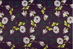 Ткань атласный шелк Италия (шелк 100%, баклажановый, цветы, шир. 1,40 м)
